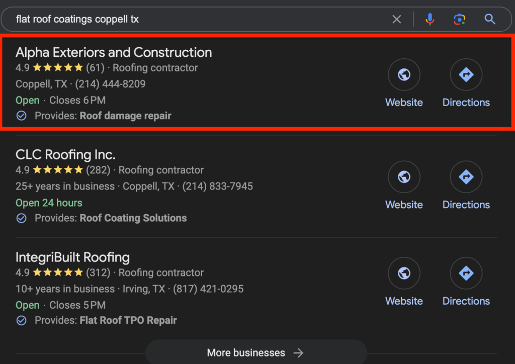 Google Map 3-Pack Ranking Screenshot for Alpha Exteriors