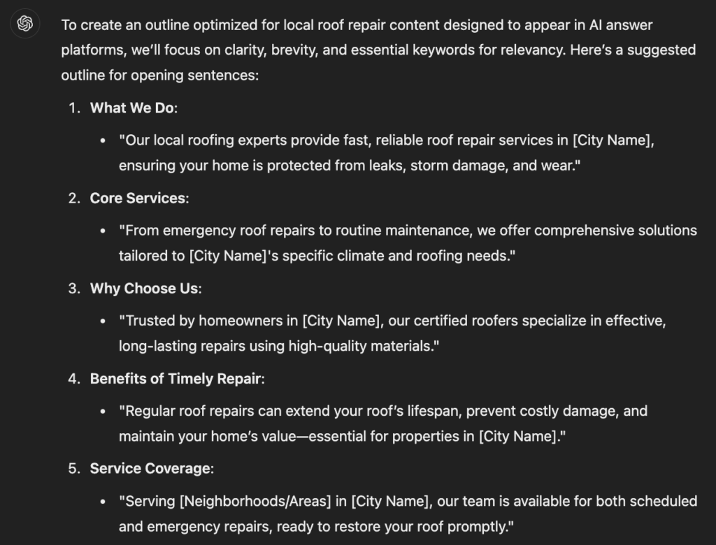 Screenshot of ChatGPT Roofing Content Outline