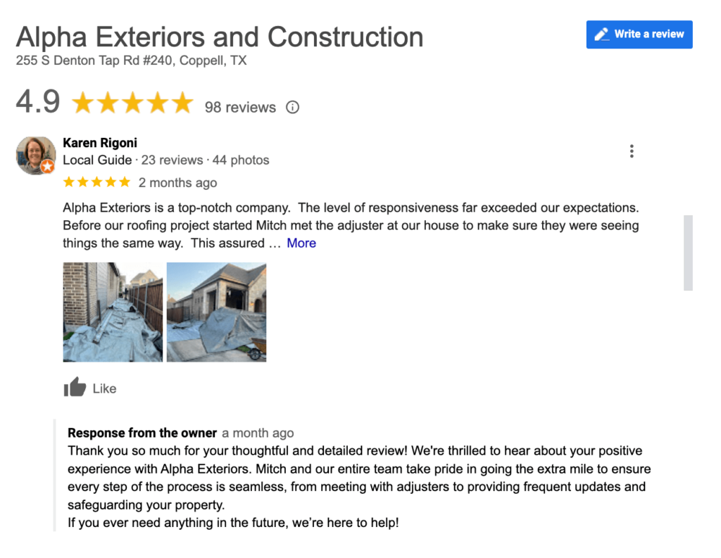 Client Google Review Roofing