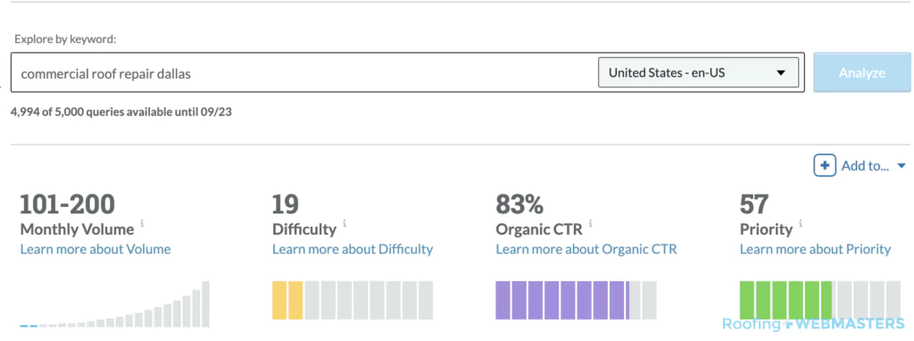 Commercial Roof Repair Dallas Keyword Research Screenshot from Moz