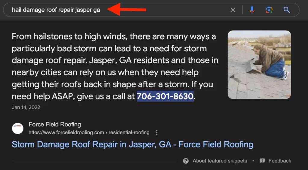 FF Hail Damage Roof Repair Featured Snippet