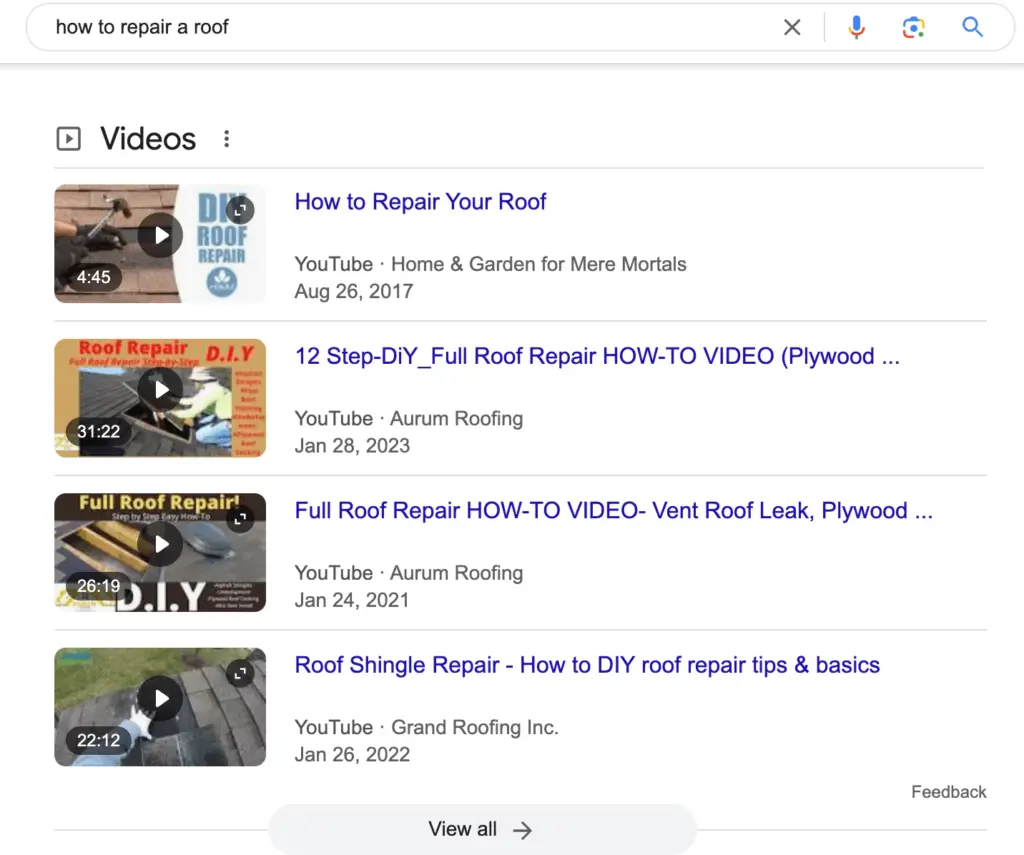 Google Video SERP Screenshot for The Keyword "How to Repair a Roof"