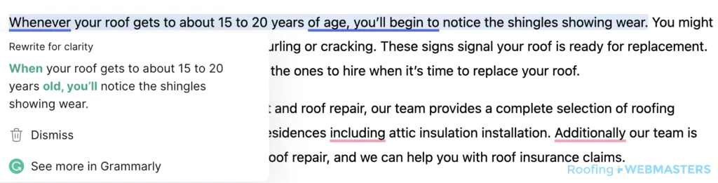 Grammarly Roofing Content Editing (Screenshot)