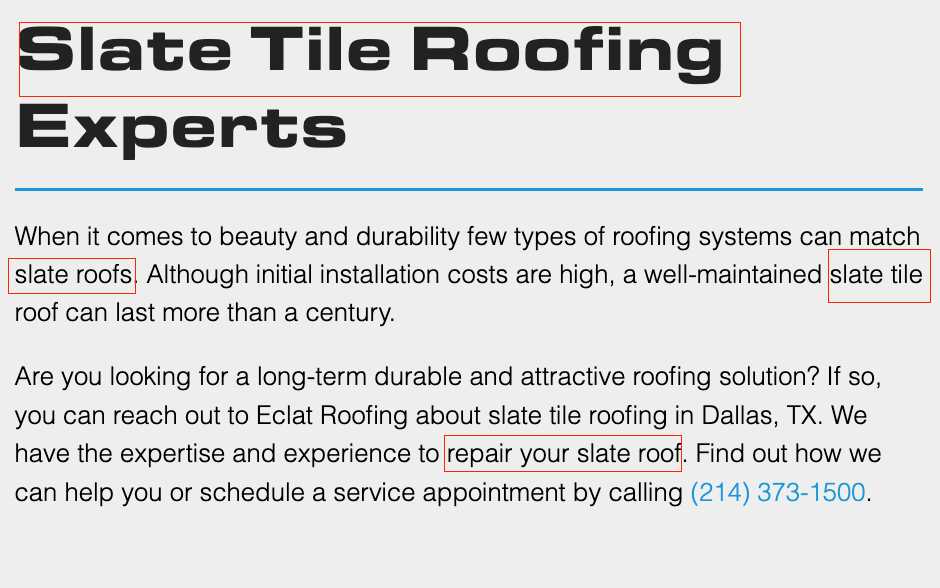 Example of Keyword Placement Within Roofing Content