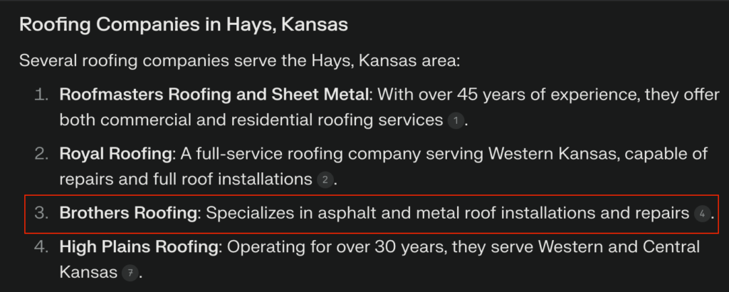 Screenshot of Perplexity AI Roofing Company Answer