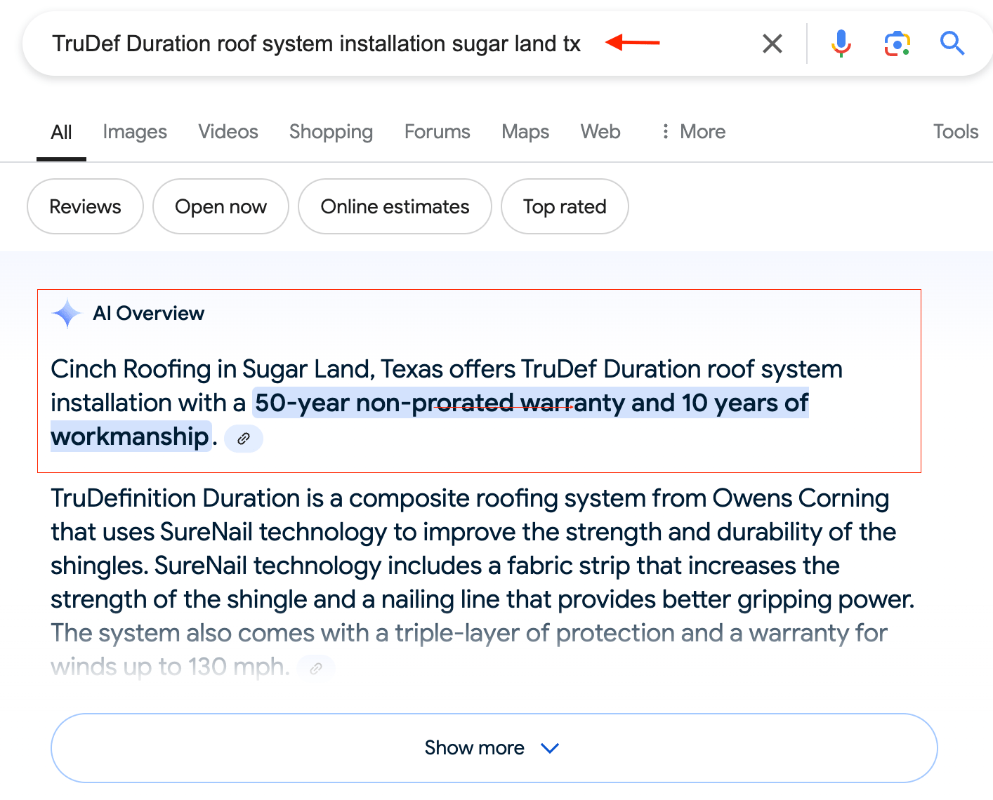 Screenshot of Roofing AI Overview from Google Search