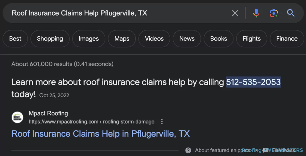 Screenshot of Roofing Client Ranking for "Roof Insurance Claims"