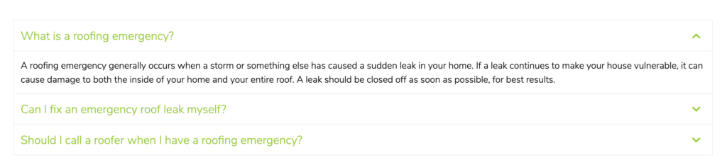 Screenshot of FAQ Schema on Roofing Content Page