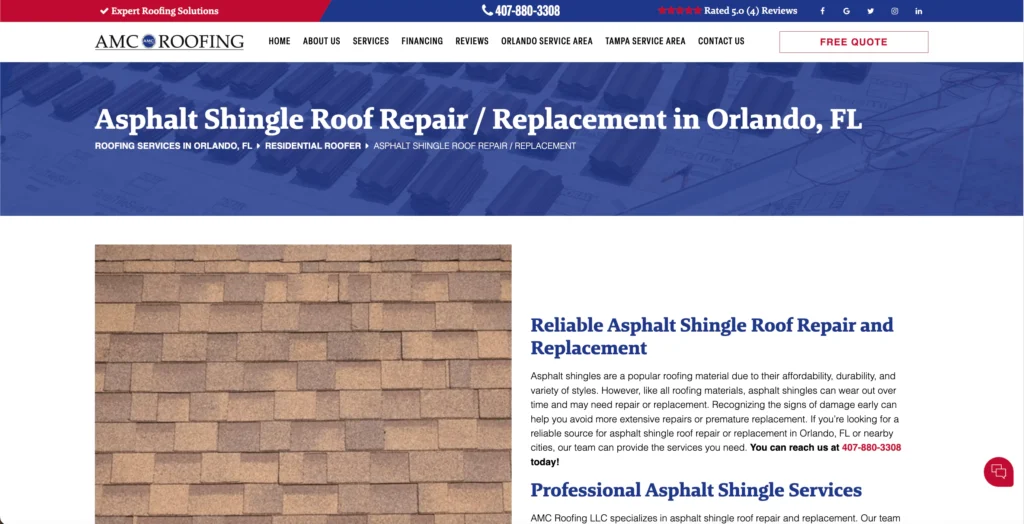 Example of Roofing Company Service Page on WordPress